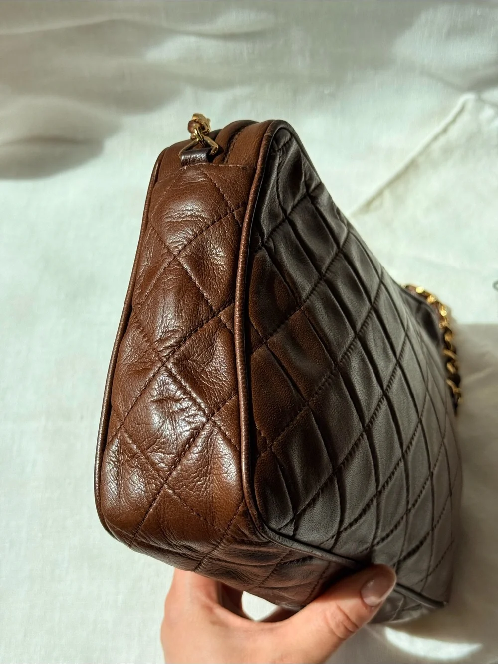Vintage CHANEL Brown Lambskin Tassel Camera Bag CC Gold Chain 1 Series Rare